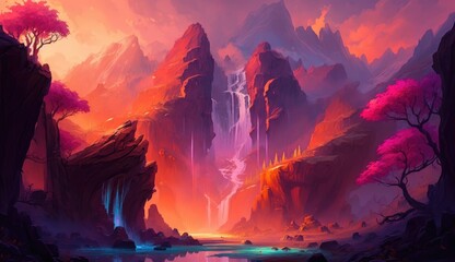 Abstract landscape mountains and waterfalls, The sky is ablaze with vibrant hues of orange, pink, and purple as the sun sets on the horizon, AI generated - obrazy, fototapety, plakaty