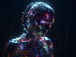 surreal human with transparent brain connected with neuralink chip cyberpunk style, AI Generated