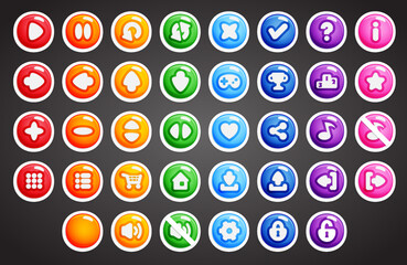 Set of rounded colourful buttons in flat style. 2d asset for user interface GUI in mobile application or casual video game.