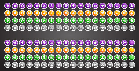 Set of rounded colourful buttons in flat style. 2d asset for user interface GUI in mobile application or casual video game.