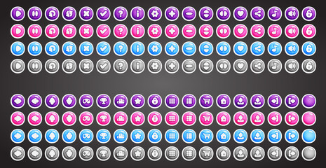 Set of rounded colourful buttons in flat style. 2d asset for user interface GUI in mobile application or casual video game.