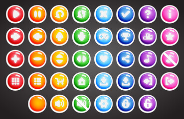 Set of rounded colourful buttons in flat style. 2d asset for user interface GUI in mobile application or casual video game.