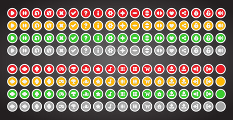 Set of rounded colourful buttons in flat style. 2d asset for user interface GUI in mobile application or casual video game.