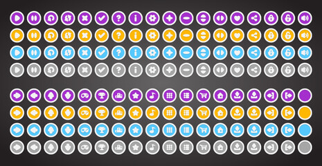 Set of rounded colourful buttons in flat style. 2d asset for user interface GUI in mobile application or casual video game.