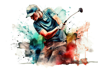 Watercolor abstract illustration of golf. Golfer in action with colorful paint splash, isolated on white background. AI generated illustration.