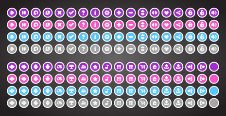 Set of rounded colourful buttons in flat style. 2d asset for user interface GUI in mobile application or casual video game.