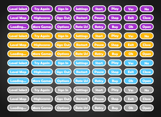 Set of rounded colourful buttons in flat style. 2d asset for user interface GUI in mobile application or casual video game.