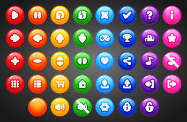 Set of rounded colourful buttons in flat style. 2d asset for user interface GUI in mobile application or casual video game.