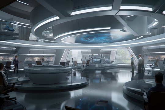 Modern futuristic white laboratory office or workspace, with computer screens and advanced technology filling the space, artificial intelligence, AI generated