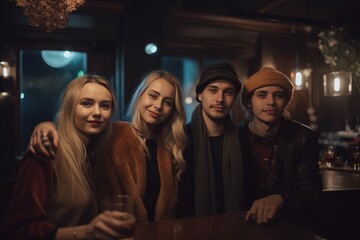 Friends at the pub party at night, AI generated