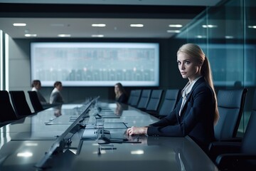 Portrait confident businesswoman at modern conference room, generative AI