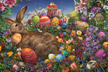 Easter bunny in the meadow and painted eggs created with Generative AI technology