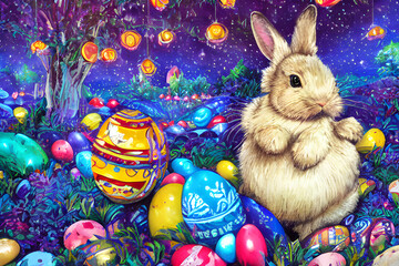 Rabbit on the grass and decorated Easter eggs created with Generative AI technology