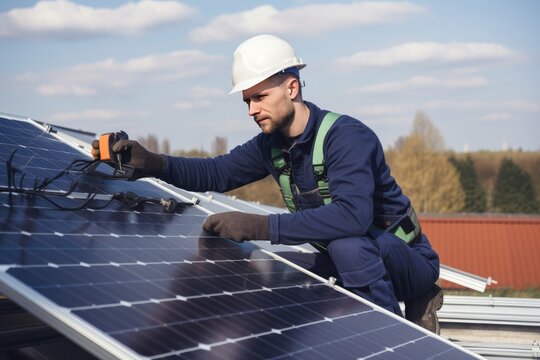 Technician engineer worker working installing solar panels, generative AI