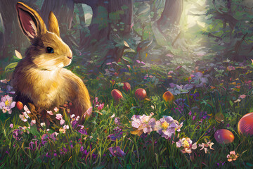 Easter bunny in morning forest created with Generative AI technology