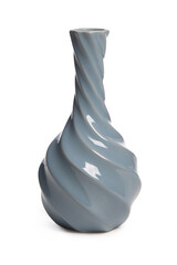 Close-up shot of a gray faceted ceramic vase. A small empty vase with a long narrow neck is isolated on a white background. Front view.