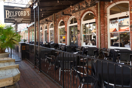Savannah, Georgia, USA, February 13, 2023 - Side view of the Belford&rsquo;s Savannah Seafood and Steaks restaurant&rsquo;s empty terrace at 315 W Saint Julian Street