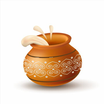 Ancient Indian dahi handi (clay pot with yogurt, cream or curd). Traditional attribute for Vishu (Vishukani) and Krishna Janmashtami festivals. Vector illustration.