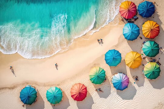 Top view of colorful beach, sea and shore, roll of colorful umbrellas on the beach, generative AI