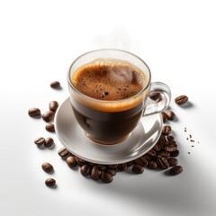 cup of Costa Rican coffee with beans on white background
