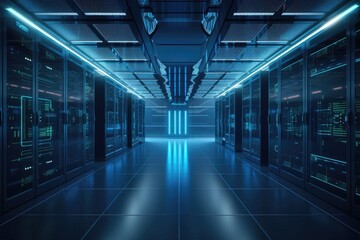 Fototapeta premium Working Data Center Full of Rack Servers and Supercomputers, Modern Telecommunications, Artificial Intelligence, Supercomputer Technology, generative AI