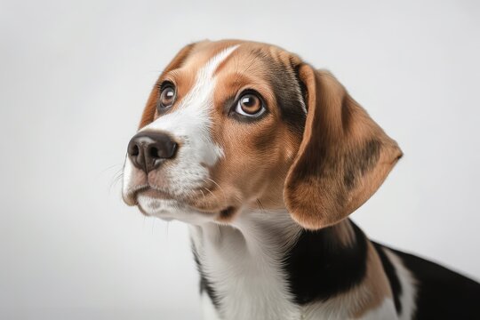 Tricolored Beagle puppy isolated on a white backdrop. picture of a nice dog. puppy staring upward. text space for copy. Generative AI