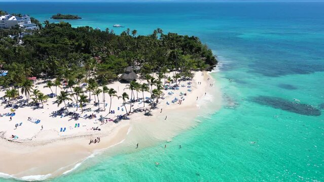 Aerial static view of Cayo Levantado beach on the tropical island. White sand and turquoise Caribbean sea. Samana, Dominican Republic