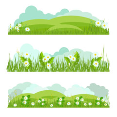 Hills, meadow, with daisies and grass. Color vector template. Set