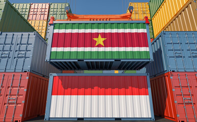 Cargo containers with Suriname and Indonesia national flags. 3D Rendering 