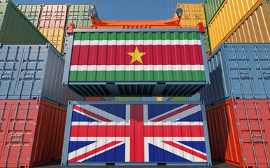 Cargo containers with Suriname and United Kingdom national flags. 3D Rendering 