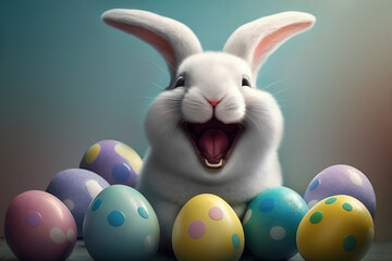 Fototapeta na wymiar Smiling Easter Bunny and Easter eggs. Generative Ai