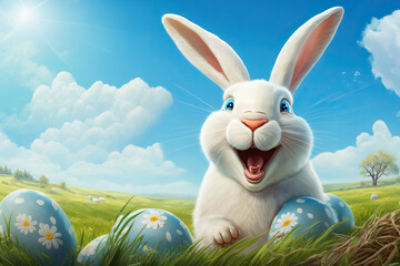Funny Happy Easter Bunny with many colorful easter eggs in Spring field, blue sky. Generative Ai