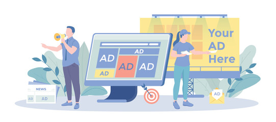 Social Media Promotion, Digital Marketing. PR Agency Team work to attract customers. Advertising campaign, branding, online promotion, e-commerce. Vector illustration with character situation for web.