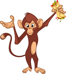 Obraz premium Cartoon funny monkey chimpanzee holding falafel or kebab in his hands. Vector illustration of happy monkey character design isolated