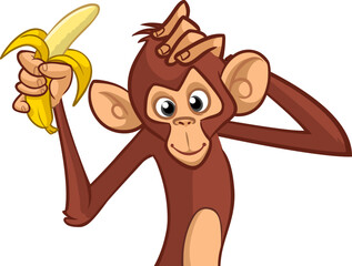 Cartoon monkey chimpanzee holding and eating banana. Vector illustration of happy monkey character design isolated