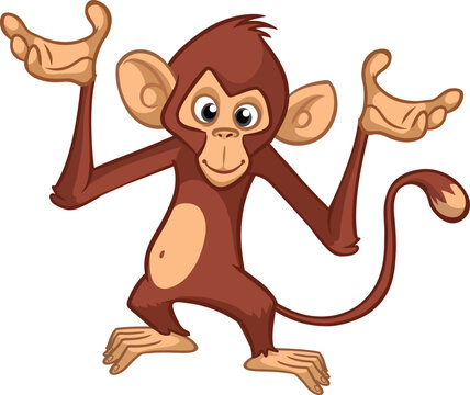 Cartoon monkey chimpanzee waving hands. Vector illustration of happy monkey character