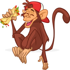 Cartoon funny monkey chimpanzee holding falafel or kebab in his hands. Vector illustration of happy monkey character design isolated