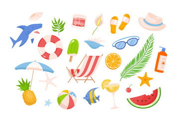 Summer beach set graphic elements in flat design. Bundle of tropical leaf, flowers, deck chair, fruits, cocktails, sunscreen, ice cream, lifebuoy and other. Vector illustration isolated objects.