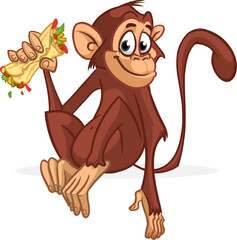 Cartoon funny monkey chimpanzee holding falafel or kebab in his hands. Vector illustration of happy monkey character design isolated