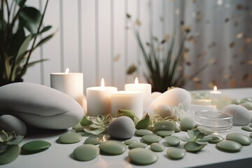 Fototapeta na wymiar Beauty treatment items for spa procedures on a white wooden table. massage stones, essential oils, and sea salt. generative ai