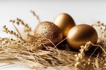 Naklejka na ściany i meble three shiny golden eggs resting on a bed of dry grass. Generative AI