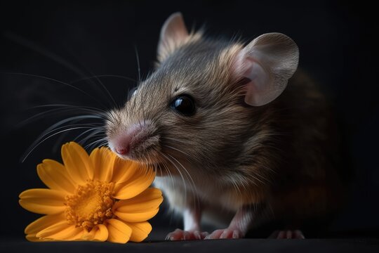 a picture of a domestic mouse holding a flower. Photographed in a studio. Generative AI