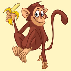 Cartoon monkey chimpanzee holding and eating banana. Vector illustration of happy monkey character design isolated
