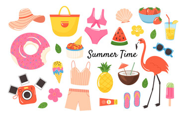 Summer colored set in flat style. Design elements of beach vacation and travel. Summertime accessories. Vector clipart isolated on white background