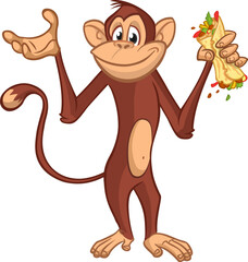 Cartoon funny monkey chimpanzee holding falafel or kebab in his hands. Vector illustration of happy monkey character design isolated