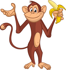 Cartoon monkey chimpanzee holding and eating banana. Vector illustration of happy monkey character design isolated