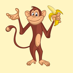 Cartoon monkey chimpanzee holding and eating banana. Vector illustration of happy monkey character design isolated © drawkman