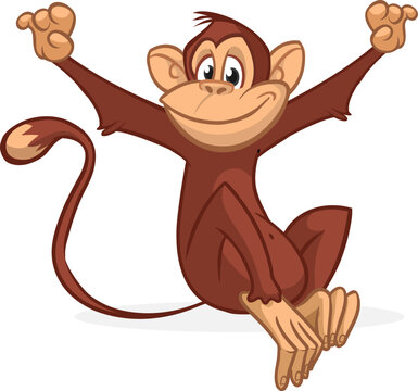 Cartoon monkey chimpanzee waving hands. Vector illustration of happy monkey character
