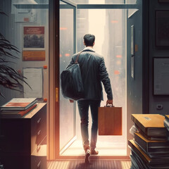 Man leaving the office because he has lost his job. Dismissal from work. Generative AI. - obrazy, fototapety, plakaty