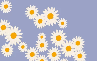 Tuinposter Seamless pattern with daisy flower and little hearts on blue background. White heart and daisy icons  © wimolwan